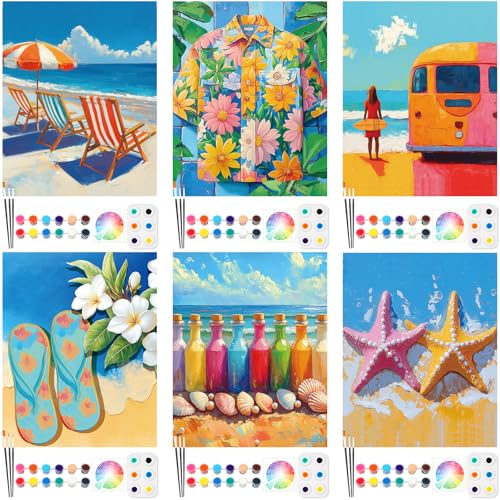 6 Pack Pre Drawn Canvas for Painting Pre Printed Canvas Kit 8 x 10 Inch Stretched Cotton Paint and Sip Set for Adults Couple Party Graduation Summer Date Night(Summer Hawaii) - style: Summer Hawaii