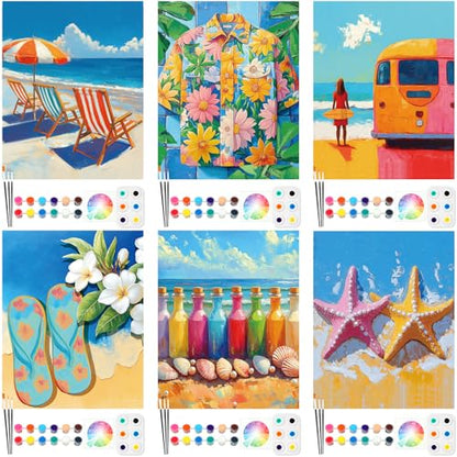 6 Pack Pre Drawn Canvas for Painting Pre Printed Canvas Kit 8 x 10 Inch Stretched Cotton Paint and Sip Set for Adults Couple Party Graduation Summer Date Night(Summer Hawaii) - style: Summer Hawaii