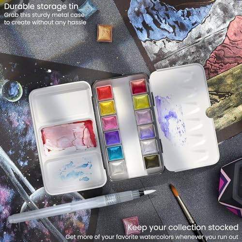 ARTEZA Metallic Watercolor Paint Set – 12 Iridescent Half Pans, Compact Travel Palette with Brush for Painting, Journaling & Mixed Media - style: Iridescent, Set of 12