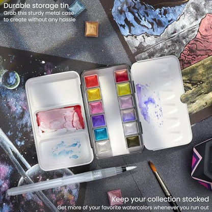 ARTEZA Metallic Watercolor Paint Set – 12 Iridescent Half Pans, Compact Travel Palette with Brush for Painting, Journaling & Mixed Media - style: Iridescent, Set of 12