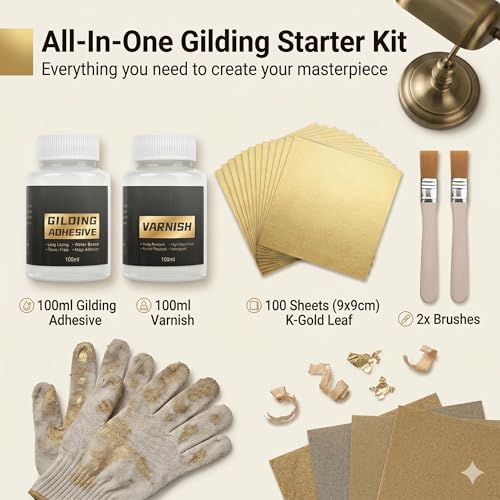 Snailmart Gold Leaf Kit, 100ml Water-Based Metal Leaf Glue and 100ml Protective Varnish, Gold Leaf Sheets 100 pcs, 2 Brushes, for Craft, Painting and Arts - color: Gold (with gold leaf)