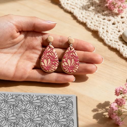 4 Sheets Magnolias Flowers Pattern Polymer Clay Texture Sheet Plants Pattern Rubber Clay Texture Mat for Polymer Clay Making Earrings Jewelry DIY Crafts 4 × 2.5 Inch - style: Magnolias Flowers