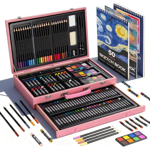 GOTIDEAL 143 Piece Deluxe Art Set with 3 Drawing Pads,Waterclolr Paints,Crayons,Colored Pencils,Paint Set in Wooden Case,Professional Art Kit Gift,Art Supplies for Kids,Adults,Teens,Beginners（Pink） - color: Pink