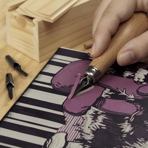 Creative Mark Linoleum Carving Tools Set with Ergonomic Beechwood Handle, 5 Tempered Steel Blades, Block Printing Linocut Tools for Soft Linoleum or Pine, Wooden Storage Box Included