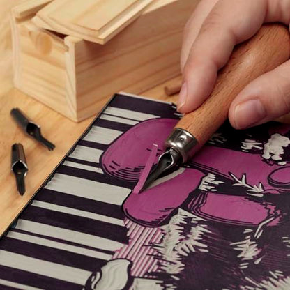 Creative Mark Linoleum Carving Tools Set with Ergonomic Beechwood Handle, 5 Tempered Steel Blades, Block Printing Linocut Tools for Soft Linoleum or Pine, Wooden Storage Box Included