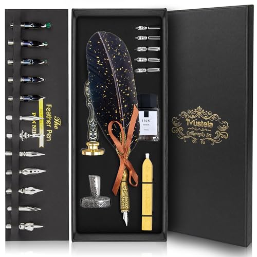 Quill Pen and Ink Set with Wax Seal Stamp - Black Feather Calligraphy Set for Beginners, Antique Dip Pen with 18 Nibs & Stand, Gift Boxed - color: BlackFeather