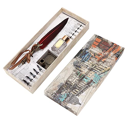 Vintage Pen Set, Retro Writing Suit with Stainless Steel Nibs and Glass Ink Bottle, Complete Calligraphy Gift Box for Teachers Lovers Classmates (Burgundy) - color: Burgundy