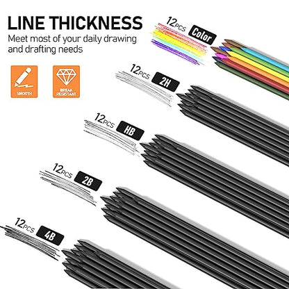 Four Candies 2MM Mechanical Pencil Set with case, Artist Led Pencil Metal Lead Holder with 60PCS Graphite Lead Refill (HB, 2H, 2B, 4B, Color) Kneaded Eraser, Sharpener for Writing, Drawing, Sketching - size: 9 Piece Set