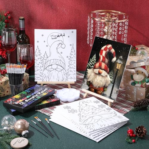 Cholemy 36 Pcs Paint and Sip Kit for Adults 8''x10'' Pre Drawn Canvas for Painting DIY Afro Acrylic Painting Kit Wood Easel Brushes Date Night Bulk for Summer 4th of July Party Gift(Christmas Gnomes) - style: Christmas Gnomes
