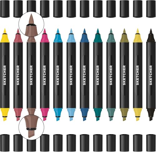 Sketcher Twin Tip Molotow Marker Set 12 Pack - Aqua Pro Ink Dual Nib 2-5mm Ink Pen Art Drawing Bundle (Main 3) - style: Main Kit 3