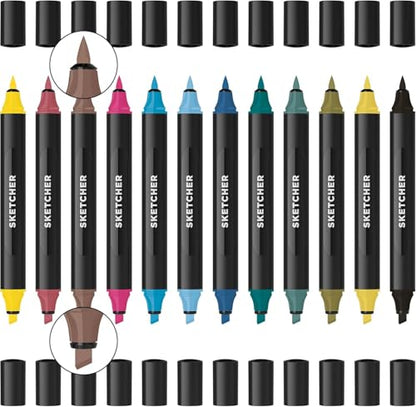 Sketcher Twin Tip Molotow Marker Set 12 Pack - Aqua Pro Ink Dual Nib 2-5mm Ink Pen Art Drawing Bundle (Main 3) - style: Main Kit 3