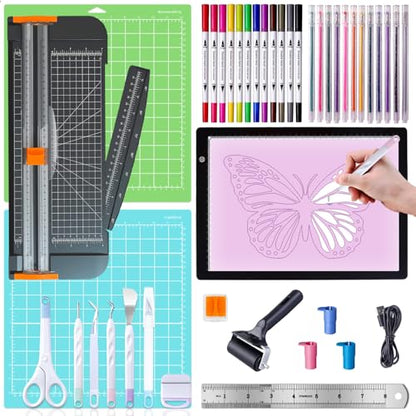 The All-in-One Tool Set for Cutting Machine - Beginner-Friendly Craft Kit with Weeding Tools, LED Light Pad, Paper Cutter, Cutting Mats, Brayer Roller, True Control Knife for Crafting Projects - color: Essential Tools