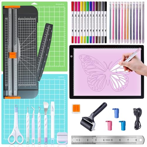 The All-in-One Tool Set for Cutting Machine - Beginner-Friendly Craft Kit with Weeding Tools, LED Light Pad, Paper Cutter, Cutting Mats, Brayer Roller, True Control Knife for Crafting Projects - color: Essential Tools