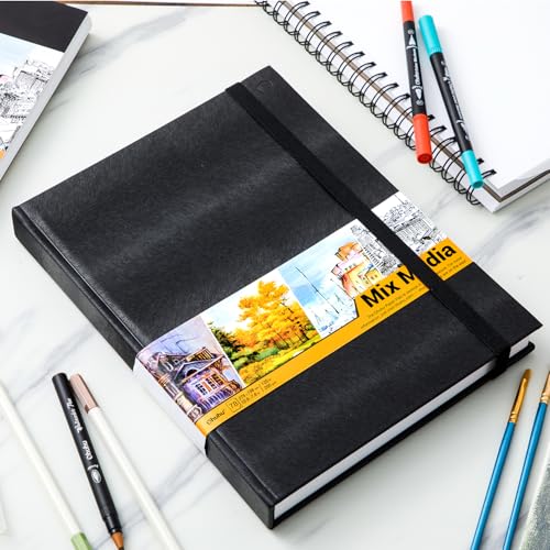 Ohuhu Mix Media Pad - 10.8" x 7.8" Mixed Media Art Sketchbook, 120 LB/200 GSM Heavyweight Papers, 78 Sheets/156 Pages, PU Hardcover Mixed Media Paper Pad for Acrylic Painting Christmas Gift - size: 10.8" × 7.8"