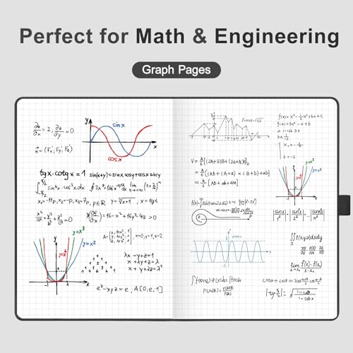 AHGXG Graph Grid Paper Notebook, 160 Pages, A5 Medium Size (5.7'' x 8.3''), 120 GSM Thick Paper, Leather Hardcover, for School, Students, Math, Engineering (Black) - color: Black, style: Grid