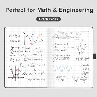 AHGXG Graph Grid Paper Notebook, 160 Pages, A5 Medium Size (5.7'' x 8.3''), 120 GSM Thick Paper, Leather Hardcover, for School, Students, Math, Engineering (Black) - color: Black, style: Grid