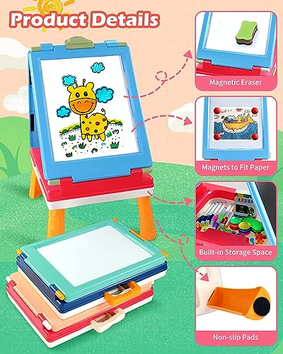 Elovien Foldable Art Easel for Kids, Double Sided with Chalkboard & Magnetic Dry Erase Board, Height Adjustable Desktop Easel, Educational Gift for Girls (Pink) - color: Pink