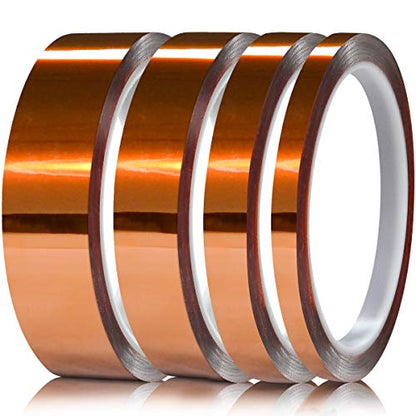 Heat Resistant Tape, Kapton Tape, polyimide Film Tape for PCB Masking, Battery Wrapping, Electrical tasks, No Glue Residue. - size: 1/4",1/2",3/4",1"-36yds-4 Rolls