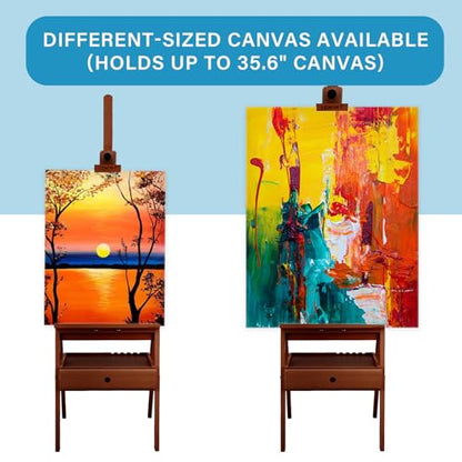 Large Wooden H-Frame Studio Easel, Solid Beechwood Easel Stand with Storage Drawer, Height Adjustable to 35 Inches High, Suitable for Painting, Sketching and Displaying, Walnut - style: Basic Walnut