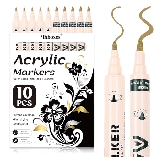 Thboxes 10 Pack Gold Paint Markers, Dual-Tip Acrylic Paint Pen Fine Tip and Brush Tip Markers for Fabric Wood Metal Rock Glass Plastic Canvas School Supplies Art Supplies - color: Gold