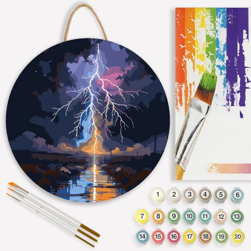 Lightning Storm Paint by Numbers Kit for Adults on Wood Board – DIY Dramatic Lightning and Reflection Wood Craft Painting Kit, 12 in Round, Acrylic Paint Set,Beginner-Friendly,Relaxing Home Decor Gift - color: TCXY04693-12 IN Round Wood