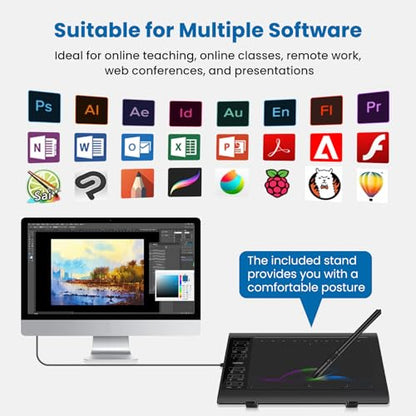 Graphics Drawing Tablet, 10×6 Inch Large Active Area with Battery-Free Stylus, 8192 Levels of Pen Pressure and 12 Hot Keys, Compatible with PC/Mac/Android for Painting, Design & Online Teaching
