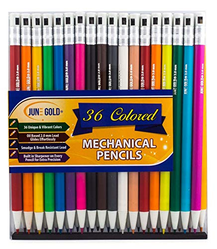 June Gold 36 Uniquely Colored 2.0 mm Mechanical Pencils and a 6 Pack of Gray Kneaded Rubber Erasers