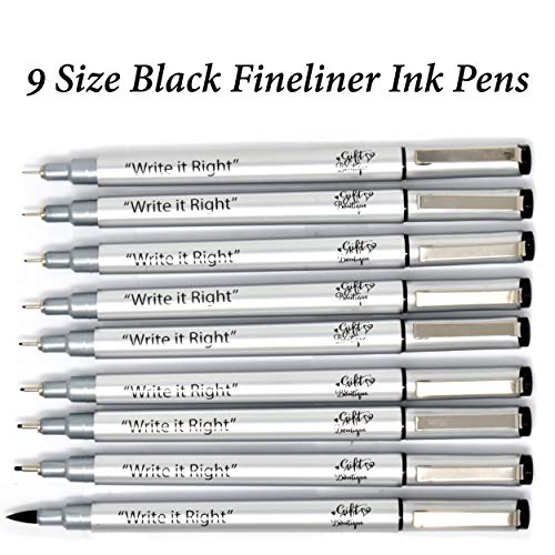 Gift Boutique Black Micro-Pen Fineliner Pigment Pens, Set of 9 Archival Ink Waterproof Brush & Calligraphy Tip Nibs For Art Technical Drawing Sketching Calligraphy Illustration Journaling Scrapbooking