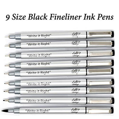 Gift Boutique Black Micro-Pen Fineliner Pigment Pens, Set of 9 Archival Ink Waterproof Brush & Calligraphy Tip Nibs For Art Technical Drawing Sketching Calligraphy Illustration Journaling Scrapbooking