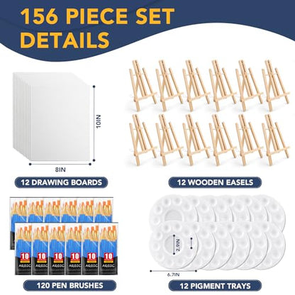 AROIC 156 PCS Professional Painting Set with Easels, 12 Wood Easels,120 Brushes with Nylon Brush Head,12 Drawing Boardart and 12 Palette, Painting Supplies kit for Adults to Painting Party. - style: 30cm-12sets