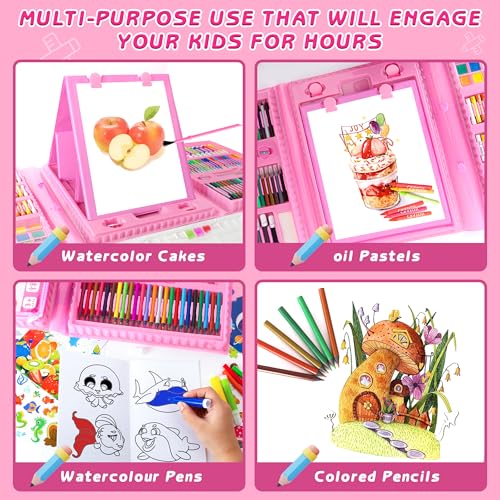 Art Supplies 332 Piece Drawing Art Kit Gifts for Girls Boys Kids Teens Gifts Art Set Case with Double Sided Trifold Easel, Stickers, Sketch Paper, Coloring Book, Pastels, Crayons, Pencils (Pink) - color: Pink