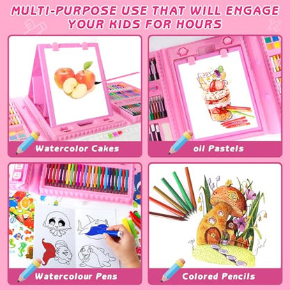 Art Supplies 332 Piece Drawing Art Kit Gifts for Girls Boys Kids Teens Gifts Art Set Case with Double Sided Trifold Easel, Stickers, Sketch Paper, Coloring Book, Pastels, Crayons, Pencils (Pink) - color: Pink