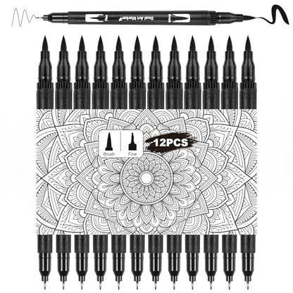 Sibba 12 Pack Black Drawing Pens Black Markers for Drawing Dual Tip Brush Fineliners Pens Fine Point Washable Brush Tip Markers for Adults Art Drawings Sketching Journaling Calligraphy Dooding Marking