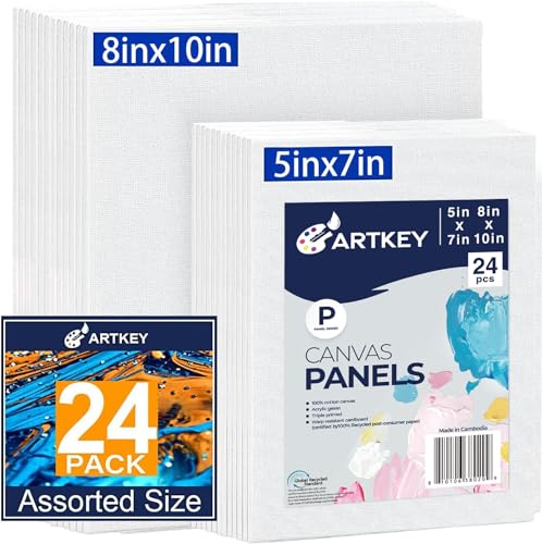 Artkey Canvas Panels 24-Pack 5x7, 8x10 Inch, 10 oz Primed 100% Cotton Paint Canvases for Painting, White Blank Flat Canvas Boards for Acrylics Oil Watercolor Tempera Paint - size: 5"x7", 8x10", style: 24-Pack