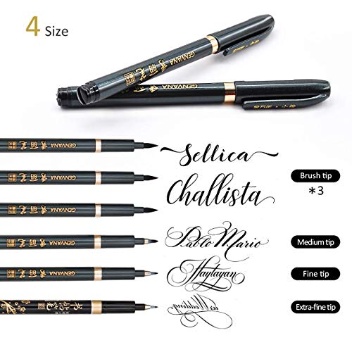 Hand Lettering Pens, Refillable Calligraphy Pens Brush Marker Pens Set Black, 4 Size for Writing, Painting, Drawing, Pack of 6