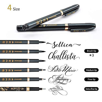 Hand Lettering Pens, Refillable Calligraphy Pens Brush Marker Pens Set Black, 4 Size for Writing, Painting, Drawing, Pack of 6