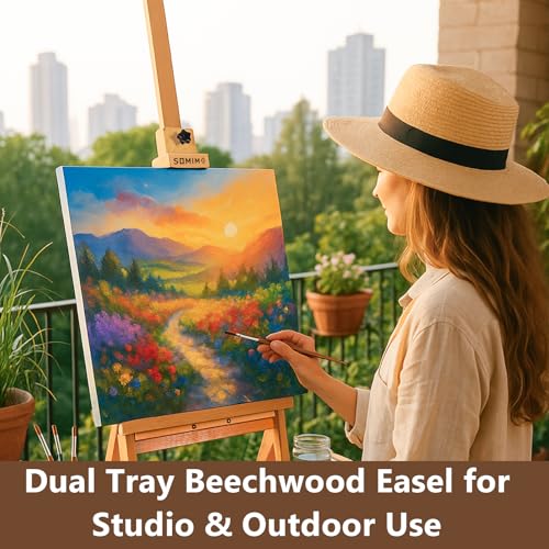 Large Wooden H-Frame Studio Easel with Storage Drawer and Palettes, Solid Beechwood Painting Easel for Students, Beginners, and Artists, Hold Canvas to 36Inches High - style: Side Trays Natural