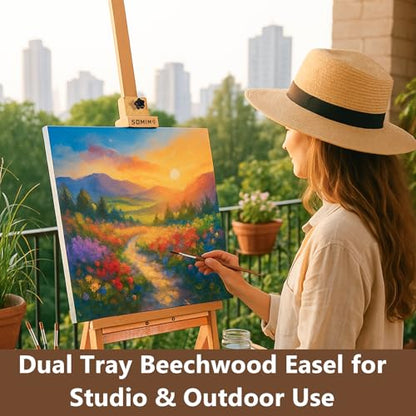 Large Wooden H-Frame Studio Easel with Storage Drawer and Palettes, Solid Beechwood Painting Easel for Students, Beginners, and Artists, Hold Canvas to 36Inches High - style: Side Trays Natural