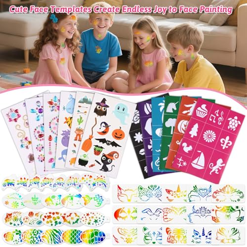 72PCS Face Painting Stencils Kit for Kids & Adults - Reusable Face Paint Templates with 10 Brushes, Makeup Sponge, Glitter Gems & Tattoo Stickers for Halloween, Christmas, Festival Party
