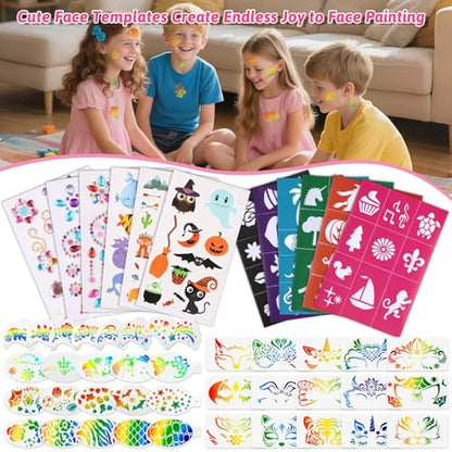 72PCS Face Painting Stencils Kit for Kids & Adults - Reusable Face Paint Templates with 10 Brushes, Makeup Sponge, Glitter Gems & Tattoo Stickers for Halloween, Christmas, Festival Party