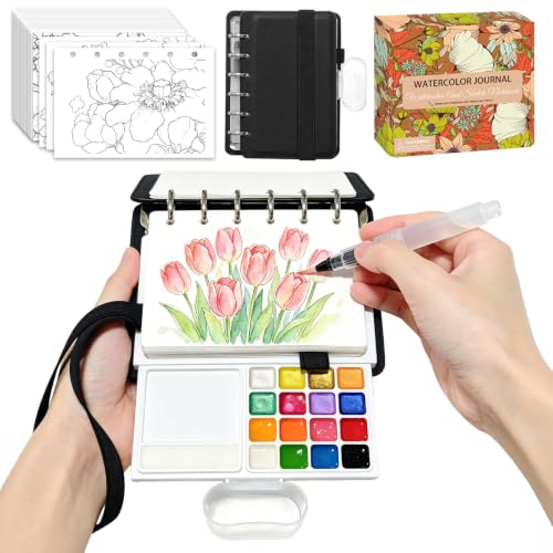 Travel Watercolor Set, 16 Colors Standard (8 Matte & 8 Shimmer), Pocket Paint Set with 30-Sheet 300G Cotton Sketchbook, Detachable Palette, Water Cup & Water Brush, Black - color: Black