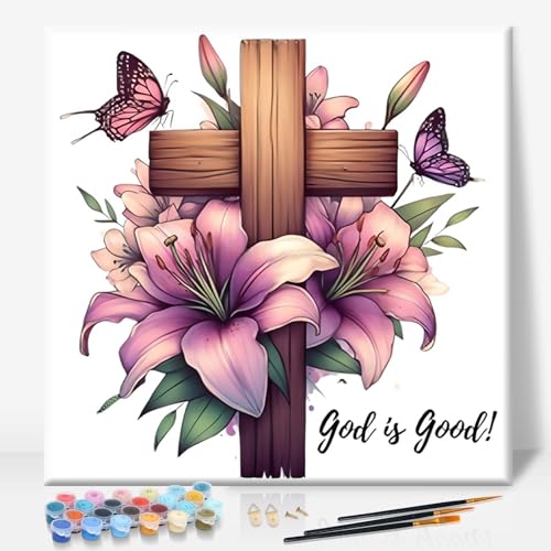 Camocin Framed Paint by Numbers Kit for Adults Beginner - Religious Cross and Lily Paint by Number Canvas with Frame, Faith DIY Acrylic Painting Kit for Christian Home Wall Decor 12x12 Inch - color: Cross-02, size: 12x12 Inch