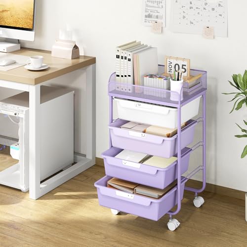 SYKIARIOL 4-Drawer Rolling Storage Cart with Mesh Top, Utility Craft Organizer Cart on Wheels with DIY Labels, Rolling Drawer Cart for Home Office Classroom Bedroom, Purple - color: Purple