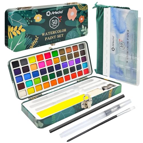 Artecho Watercolor Paint Set 50 Colors, Travel Watercolor Set with Watercolor Papers and Brushes, Ideal for Amateur Hobbyists, Painting Lovers and Artists - style: 50 Colors