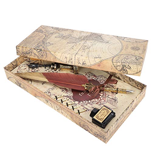 Quill Pen Set with Real Feathers, Dip Pen for Calligraphy Writing, Vintage Antique Ink Pen Set with 6 Nibs, Wax Seal Stamp and Pen Holder for Students Teachers Gift (Coffee) - color: Coffee