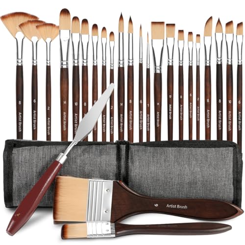 Bowitzki 25pcs Paint Brush Set,Professional Artist Paintbrush kit with Flat, Filbert, Fan, Dagger, Cat Tongue, Round, Angle, Spatula,Rigger for Oil, Acrylic Canvas Paintings, Body Face Painting (A)