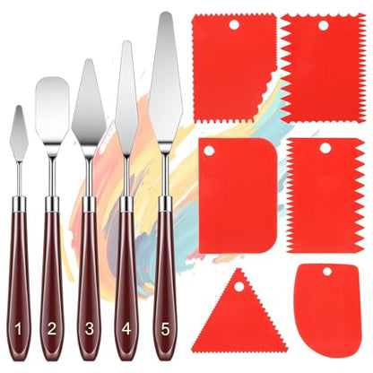 11 Pcs Palette Knife Set 5 Pcs Stainless Steel Palette Knives With 6 Plastic Paint Scraper, Painting Tools for Oil, Canvas, Acrylic Painting and Cake Decorating Applications