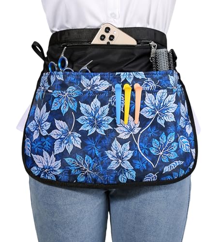 Barber Apron with 5 Pockets, Waterproof and Bleach-proof Hair Stylist Apron for Men and Women - color: Blue Leaves