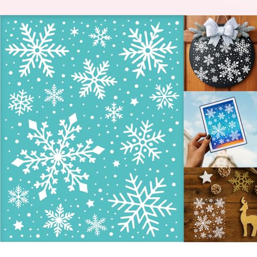 2 Sheets Snowflake Silkscreen Stencil, Winter Theam Painting Stencils Templates Reusable Self-Adhesive Silk Screen Printing for Wall Border Wood Fabric Christmas Decor - style: Snowflake
