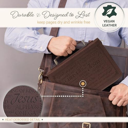 Christian Art Gifts Classic Premium Vegan Leather Inspirational Bible Cover for Men & Women: Names of Jesus, Encouraging Heat-Debossed Scripture, Sturdy Carry Case, Pen Loops, Pockets, Brown, XL - size: Extra Large